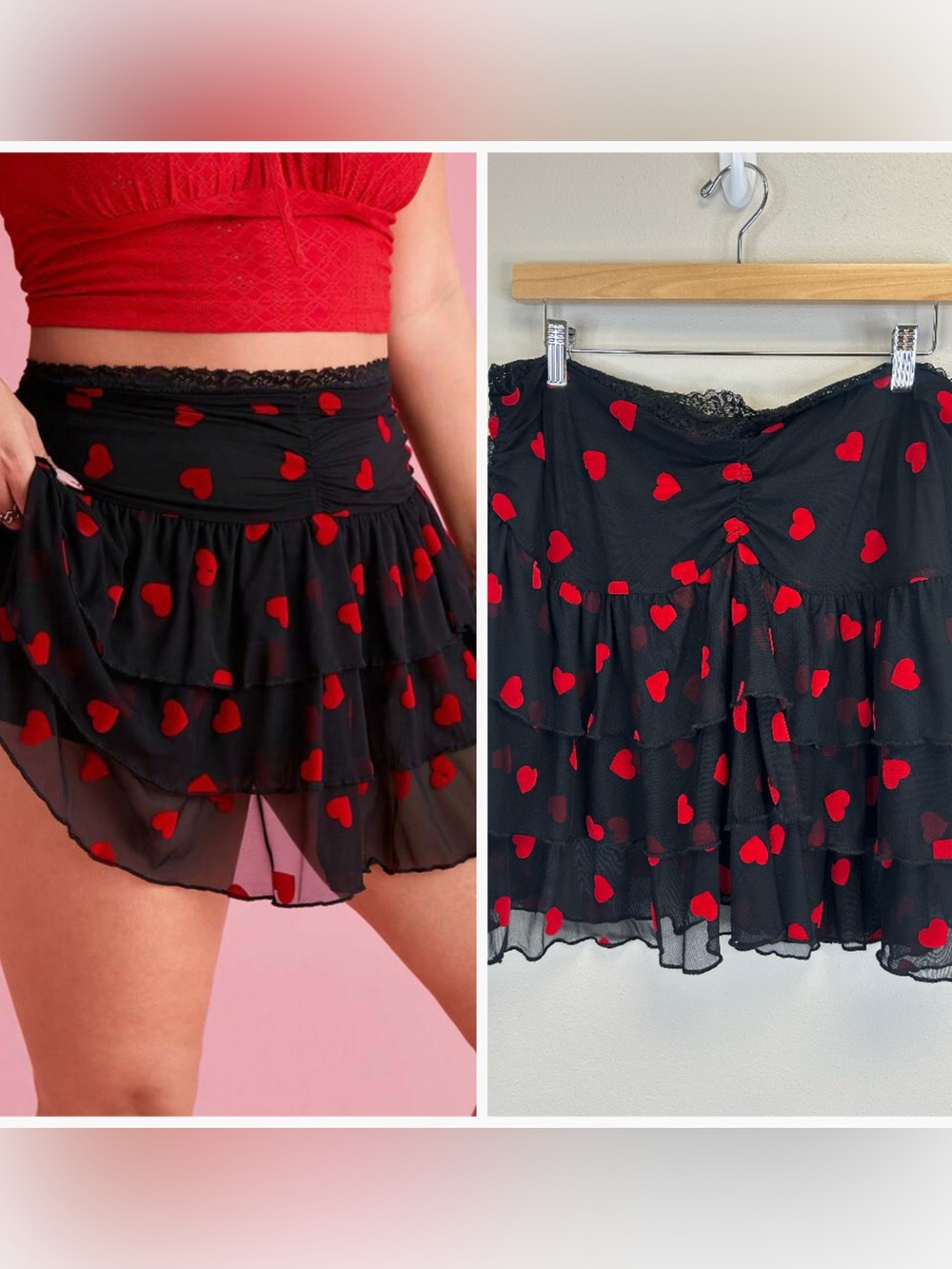 Black Tiered Ruffle Mini Skirt Red Heart Print Plus Size Sexy Romantic Punk Goth